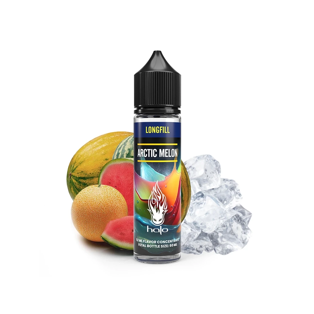 Frasco Halo Arctic Melon Longfill de 12 ml con tapón negro y etiqueta multicolor, rodeado de melones, sandía y cubitos de hielo.