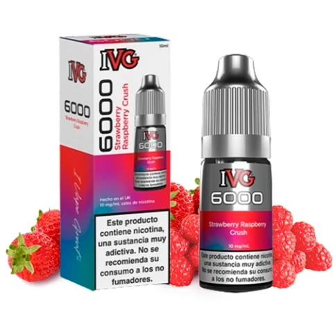 Frasco y caja de IVG 6000 Salts Strawberry Raspberry Crush, con indicación de 10 mg/ml, rodeados de fresas y frambuesas.