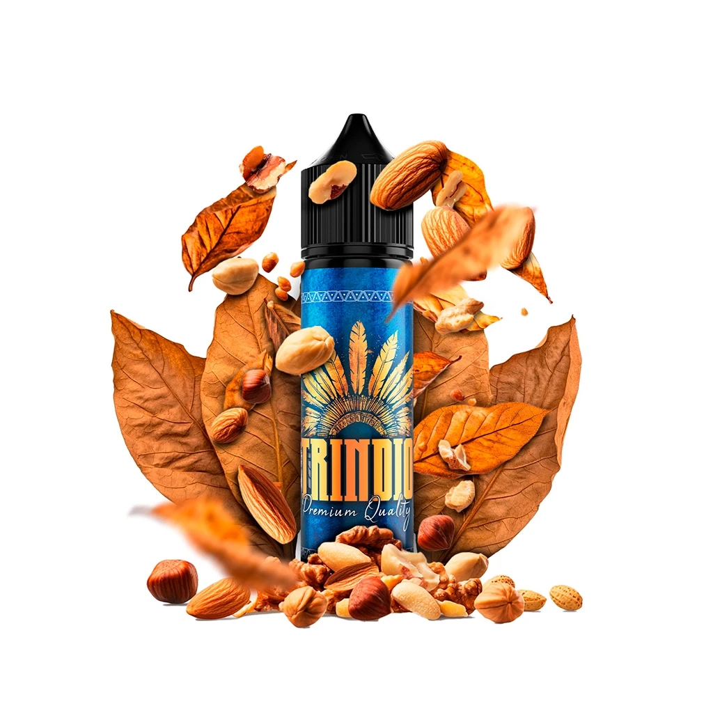 Frasco de Oil4Vap Yumistic Trindio Longfill con etiqueta azul y tapón negro, rodeado de hojas secas y frutos secos.