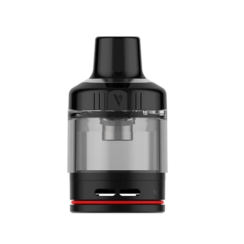 Pod de recambio Vaporesso GTX 22 con depósito transparente, boquilla y base negras, aberturas inferiores y un aro rojo.