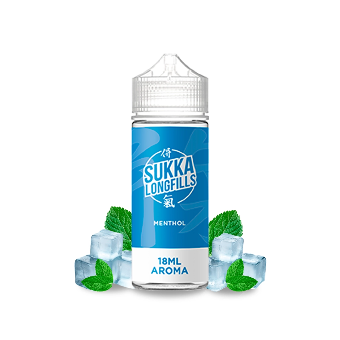 Frasco Sukka Menthol Longfill con etiqueta azul de 18 ml de aroma y tapón transparente, junto a hojas de menta y cubitos de hielo.