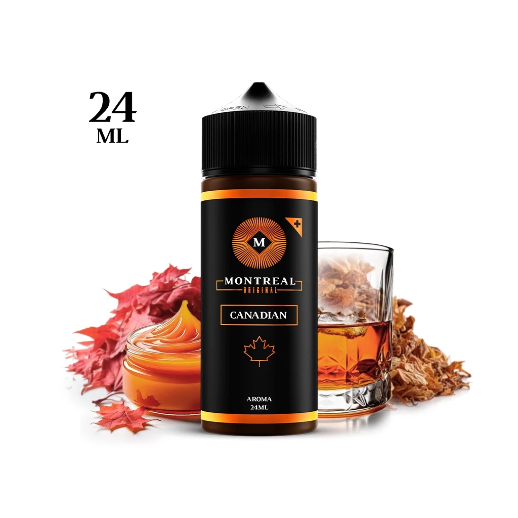 Frasco Montreal Original Canadian de 24 ml, con etiqueta negra y naranja, junto a hojas rojas, un tarro y un vaso con líquido ámbar.