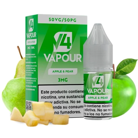 Caja y frasco V4 Vapour Apple & Pear con etiquetas verdes, indicaciones 3MG y 50VG/50PG, junto a manzana y pera.