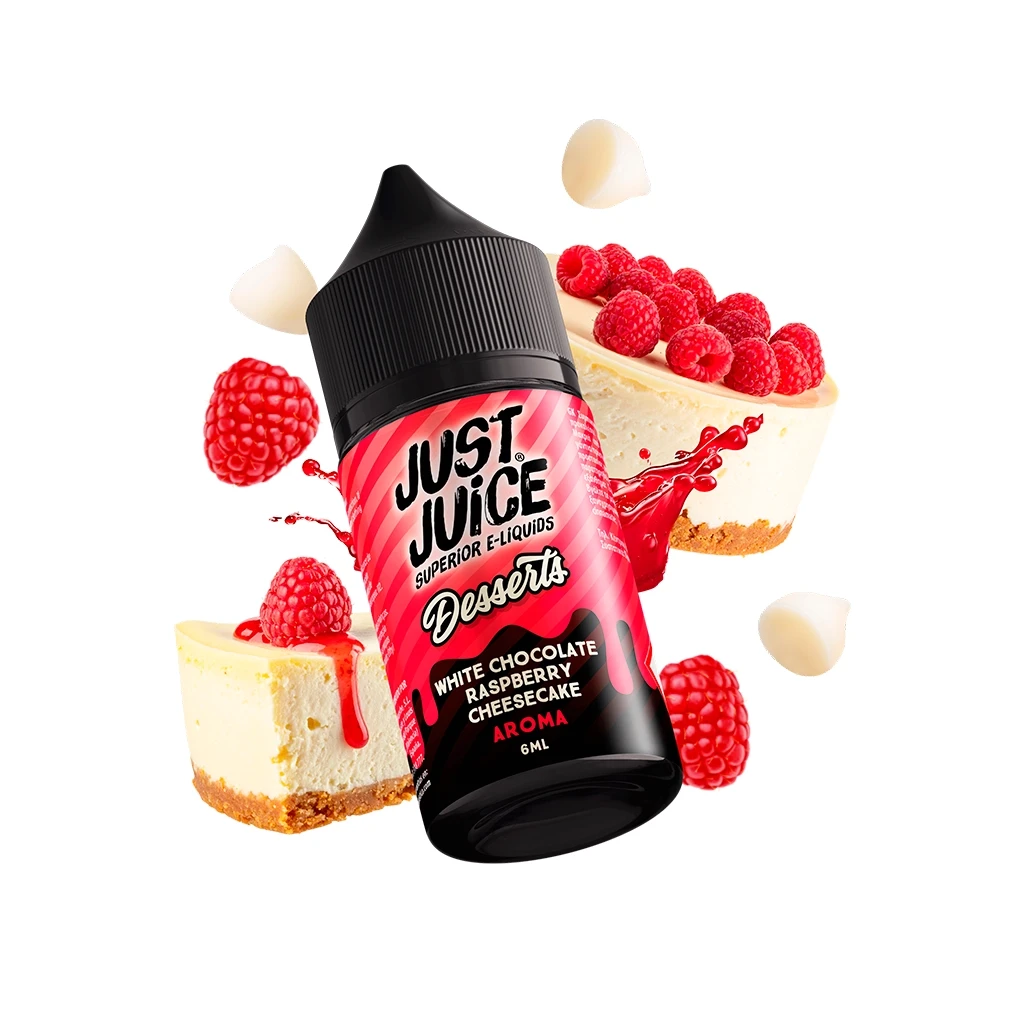 Frasco inclinado de Just Juice Desserts White Chocolate Raspberry Cheesecake, con frambuesas, tarta y trozos de chocolate blanco.