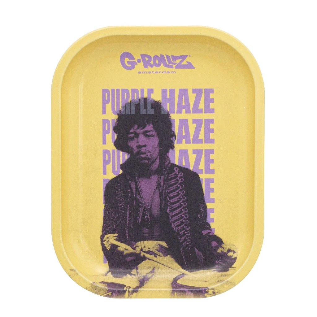 Bandeja amarilla G-Rollz de bordes elevados y esquinas redondeadas, con retrato de Jimi Hendrix y texto morado «Purple Haze».