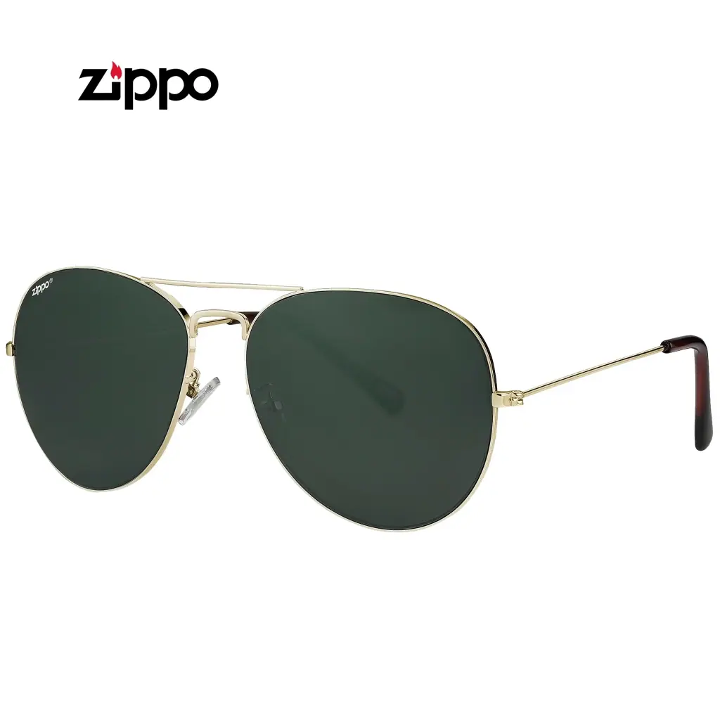 Gafas de sol Zippo OB36-32 de estilo aviador, con montura dorada, doble puente y lentes verde oscuro sobre fondo blanco.