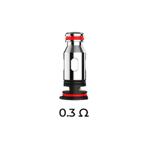 Resistencia Uwell PA Coil plateada y negra, con juntas rojas y una abertura lateral, sobre la indicación de 0,3 Ω.