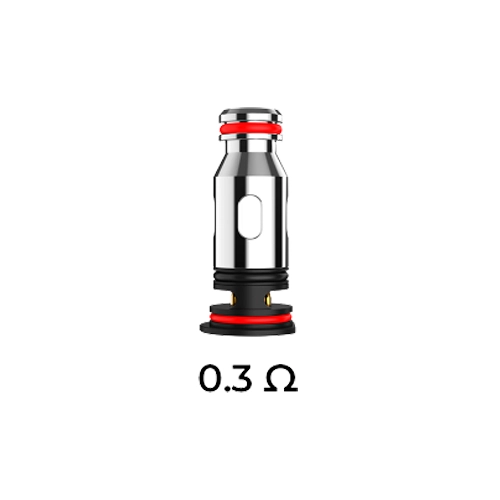 Resistencia Uwell PA Coil de 0,3 Ω en posición vertical, con cuerpo plateado, base negra y juntas rojas sobre fondo blanco.