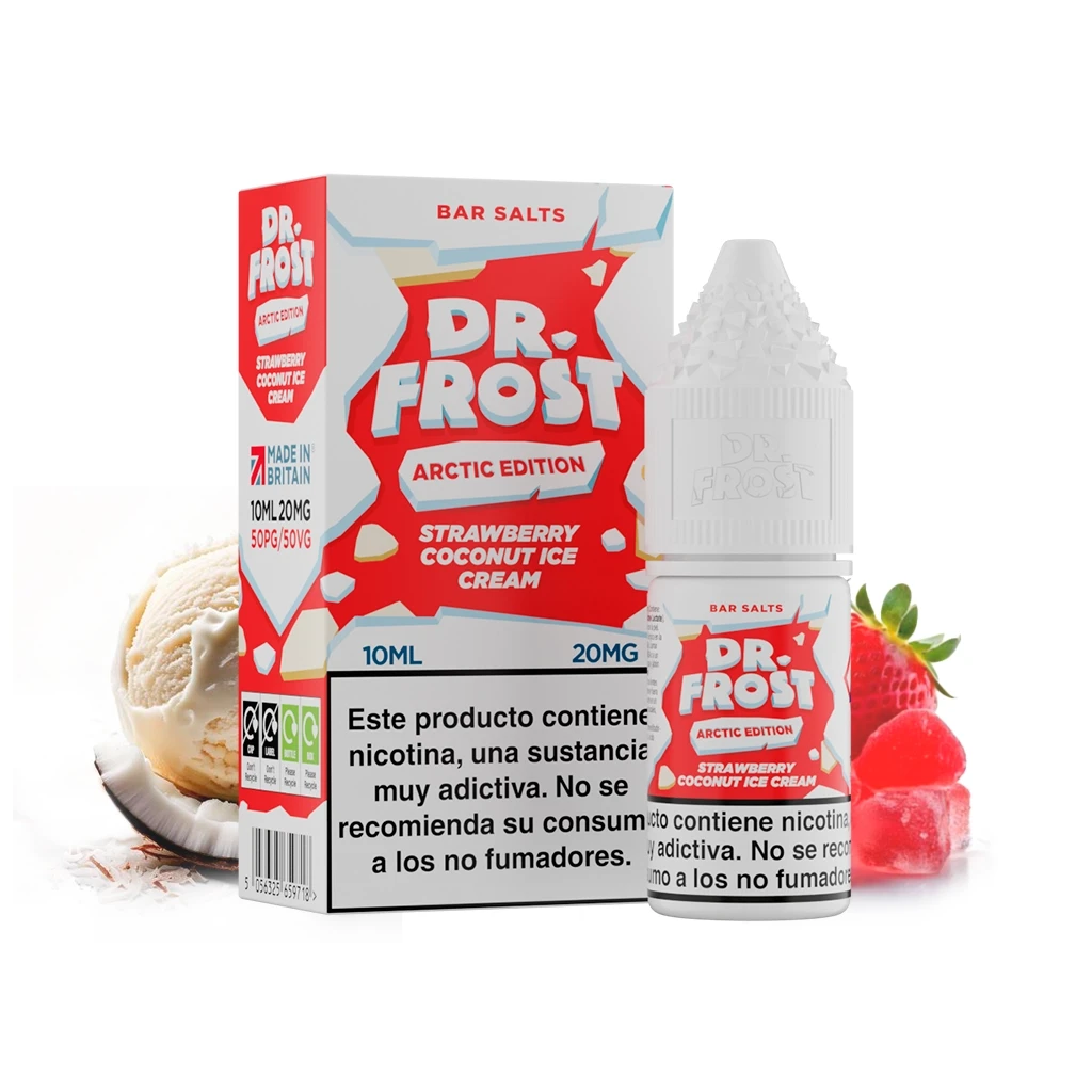 Caja y frasco Dr Frost Salts Strawberry Coconut Ice Cream, con etiqueta roja y blanca, junto a fresas, coco y una bola de helado.