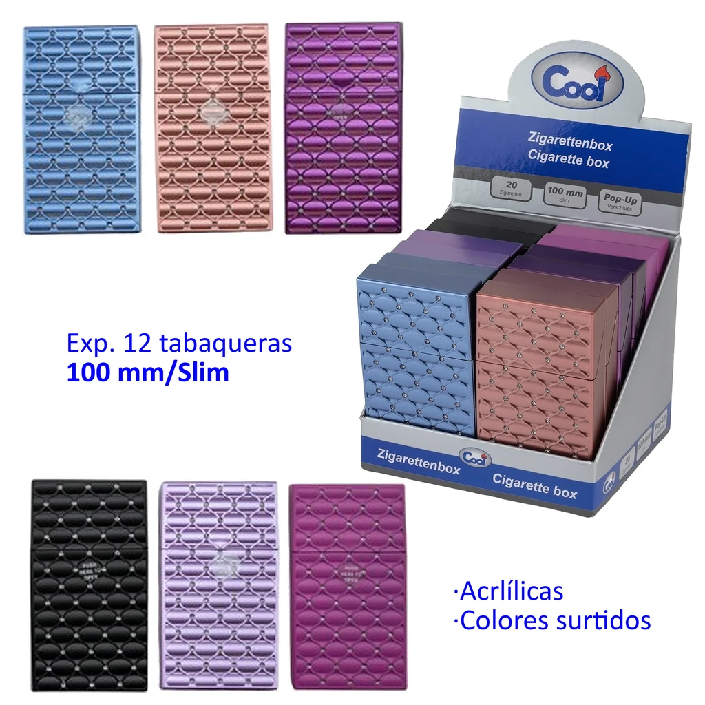 Expositor de tabaqueras Cool y vistas individuales en varios colores, con relieve de rombos y pequeños detalles brillantes.