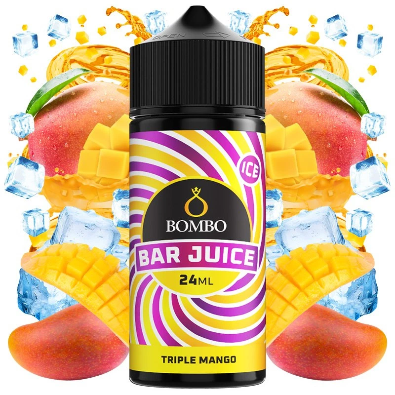 Frasco Bombo Bar Juice Triple Mango Ice de 24 ml, con tapón negro y etiqueta amarilla y morada, rodeado de mangos y cubitos de hielo.