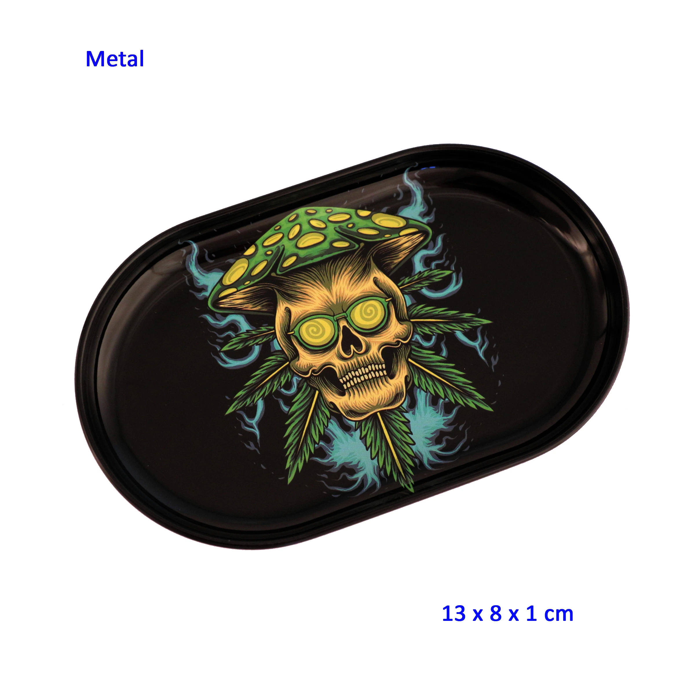 Bandeja negra para liar, vista en diagonal, decorada con una calavera de ojos en espiral, una seta y hojas de cannabis.