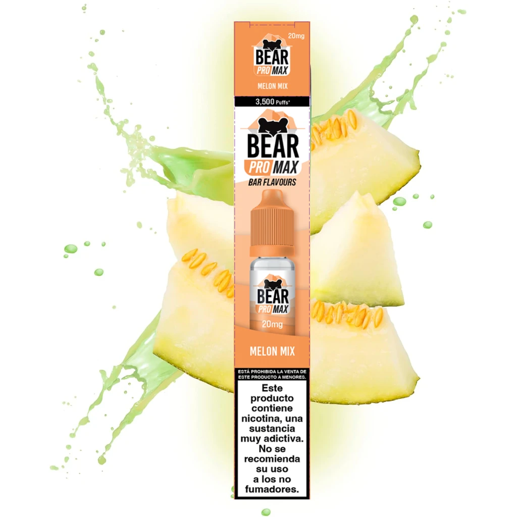 Caja naranja de Bear Pro Max Melon Mix con un frasco ilustrado, indicación de 20 mg y advertencia sobre nicotina, rodeada de melón.