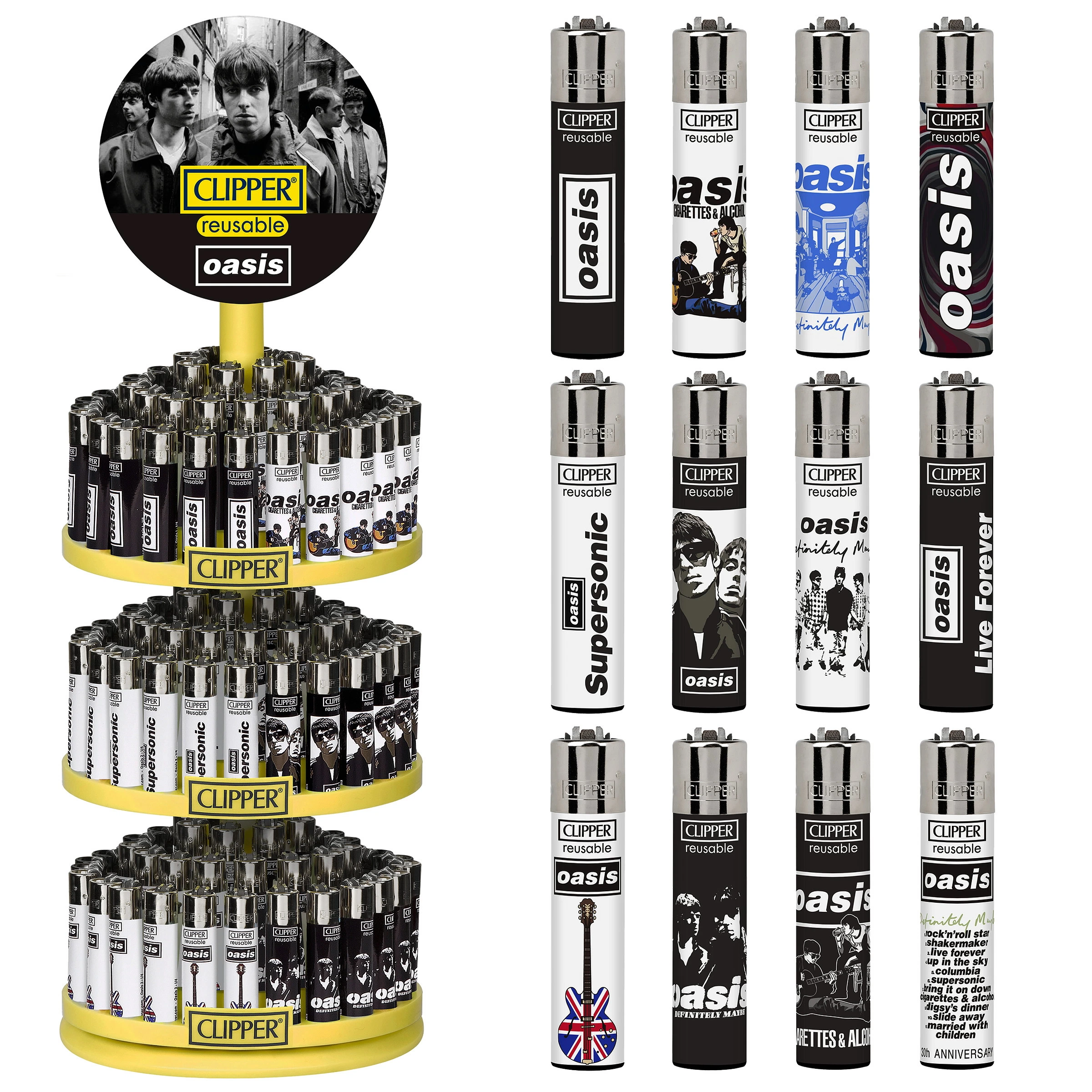 Carrusel Clipper Oasis de varios niveles junto a una selección de encendedores con distintos diseños, fotografías y títulos de canciones.