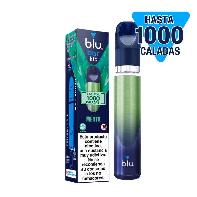 Blu Bar Kit Menta 20 mg con caja, dispositivo verde y azul y boquilla separada sobre fondo negro; texto «hasta 1000 caladas».