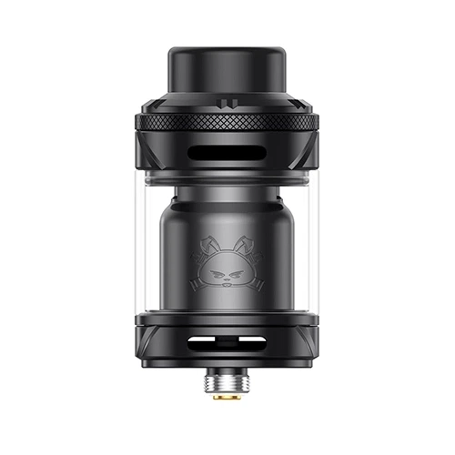 Atomizador Hellvape Fat Rabbit 2 RTA de acabado negro, depósito transparente y emblema de conejo, aislado sobre fondo blanco.