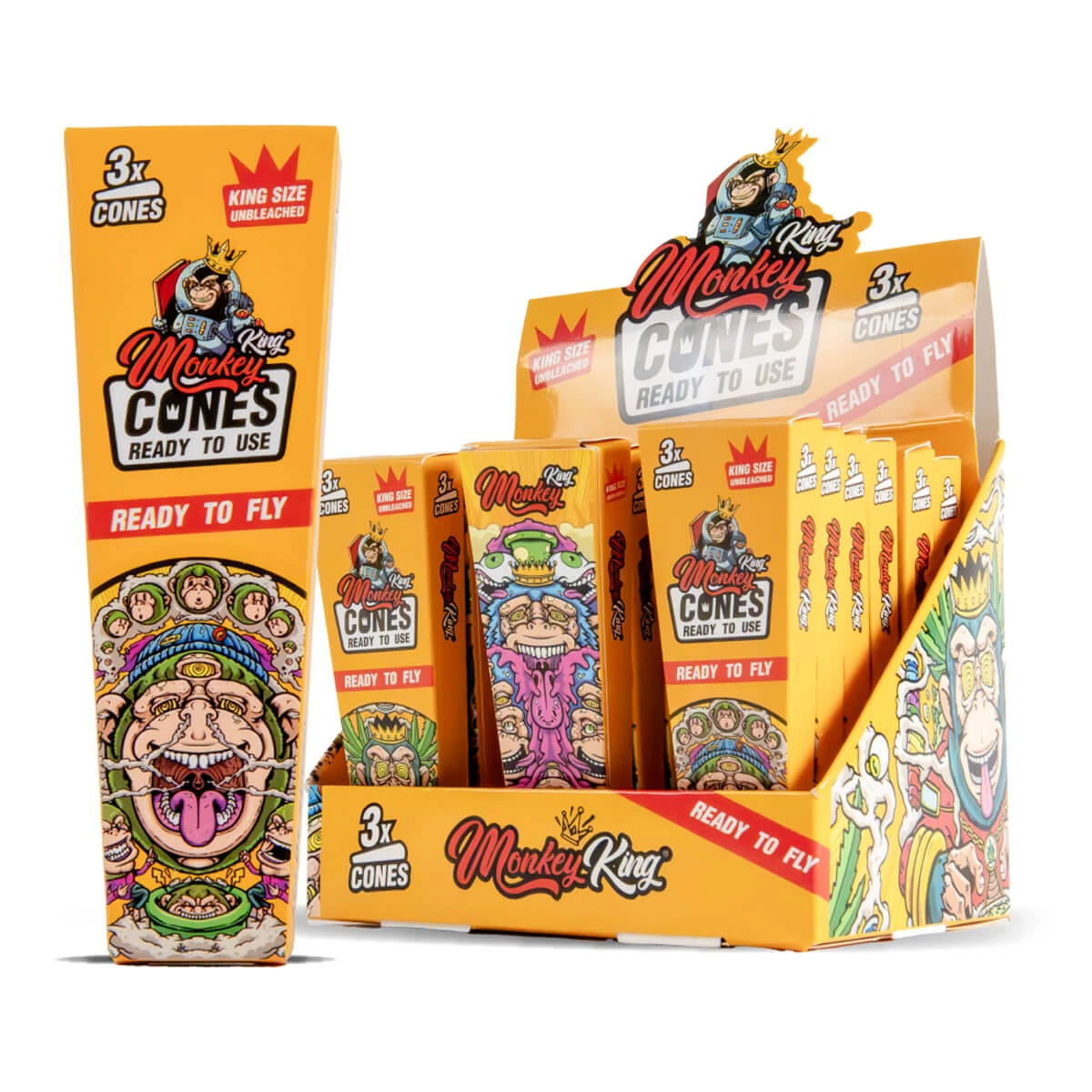 Expositor y envases naranjas de Monkey King Cones, con ilustraciones de monos y textos «3x cones» y «King Size Unbleached».