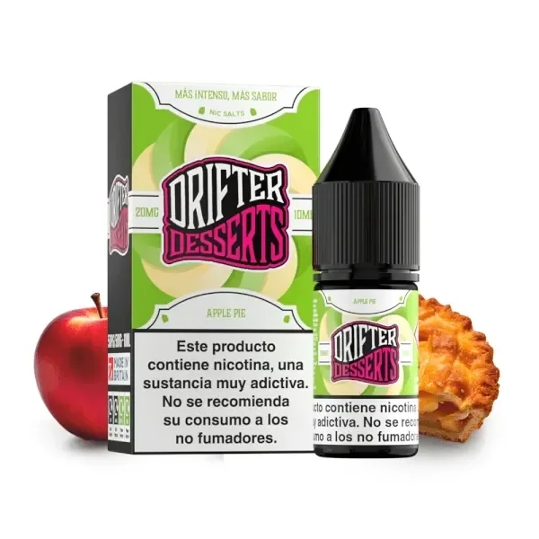 Caja verde y frasco con tapón negro de Drifter Desserts Apple Pie, con advertencia de nicotina, junto a una manzana y una porción de tarta.