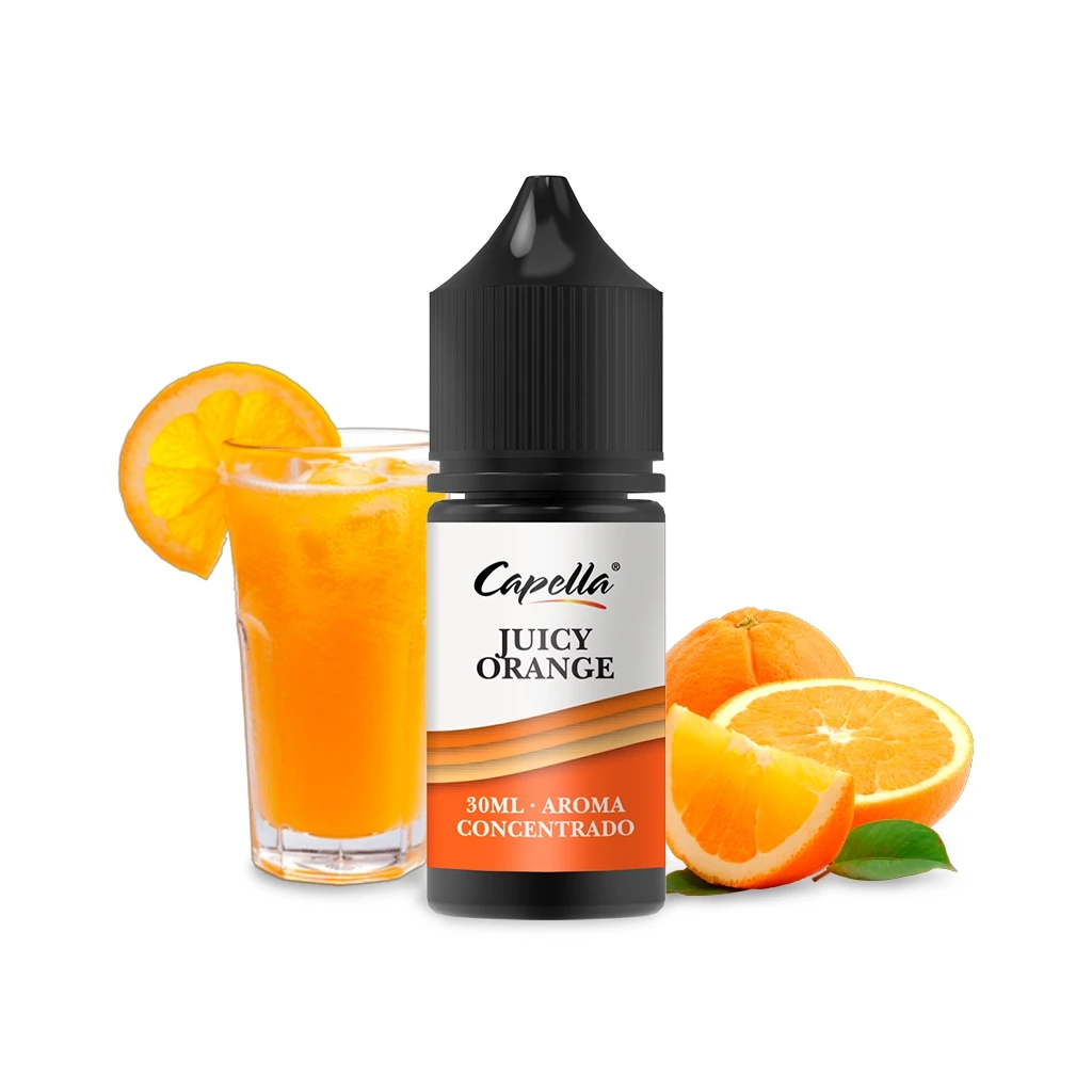 Frasco de Capella Juicy Orange con tapón negro y etiqueta de aroma concentrado de 30 ml, junto a un vaso de zumo y naranjas cortadas.