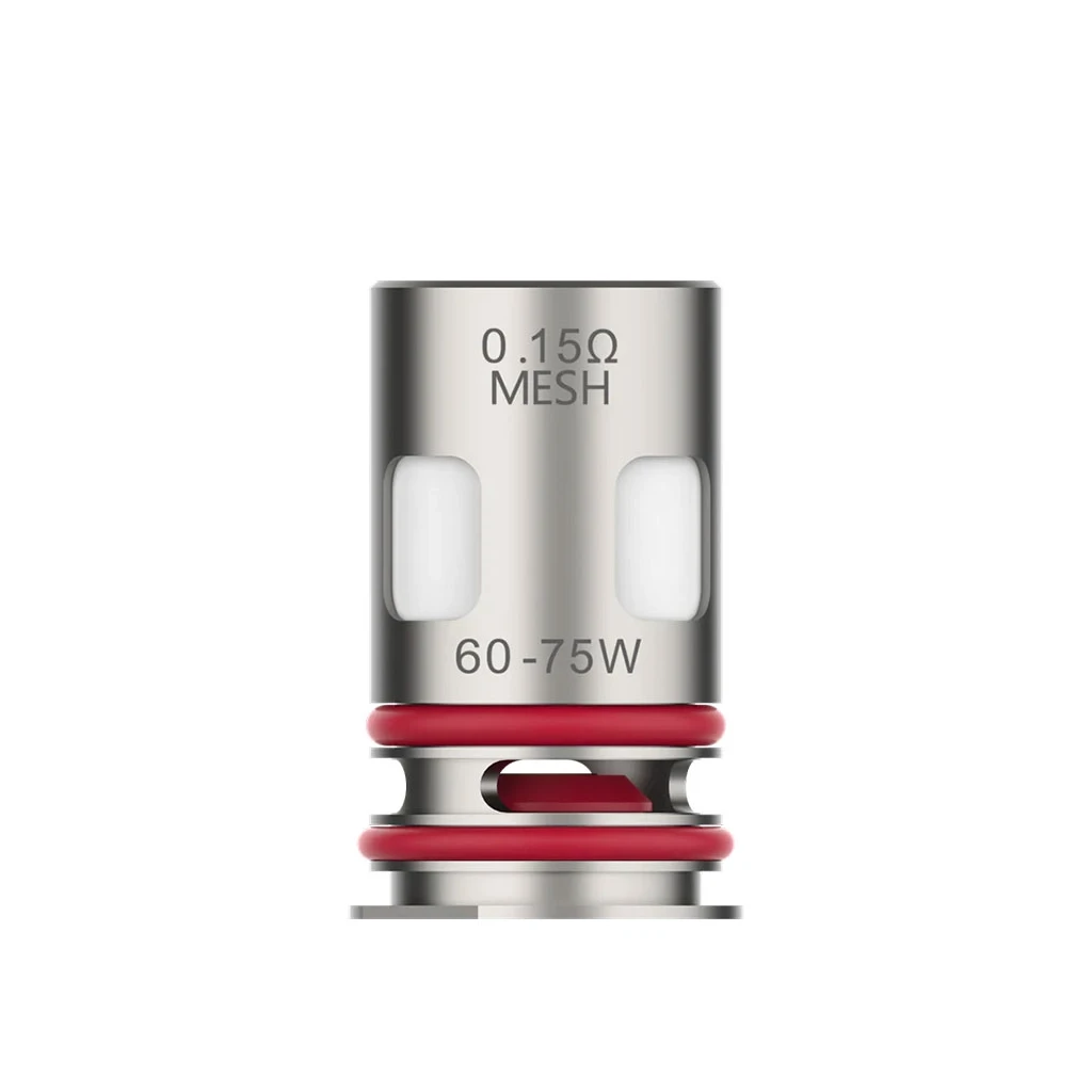Resistencia Vaporesso GTX de acabado plateado, con juntas rojas, aberturas laterales e inscripciones «0.15 Ω MESH» y «60-75 W». Resistencia Vaporesso GTX de acabado plateado, con juntas rojas, aberturas laterales e inscripciones «0.15 Ω MESH» y «60-75 W».
