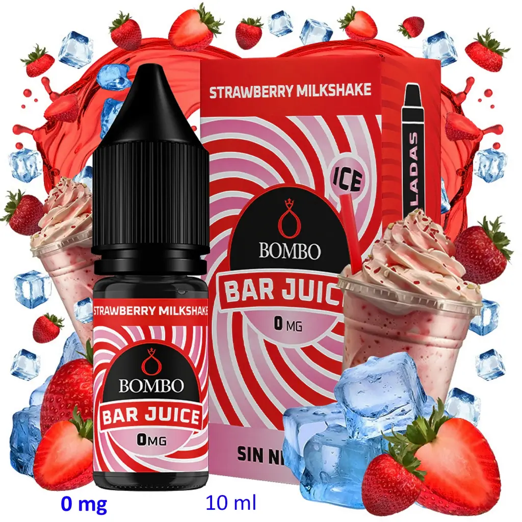 Frasco y caja de Strawberry Milkshake Ice Bar Juice de Bombo, con «0 mg» y «10 ml», rodeados de fresas, batidos y cubitos de hielo.