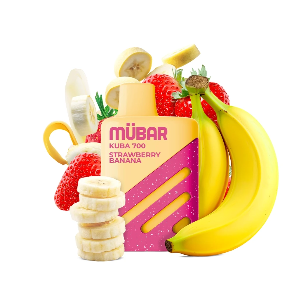 Vaper Mübar Kuba 700 amarillo y rosa, con el texto Strawberry Banana, rodeado de fresas, plátanos y rodajas de plátano.