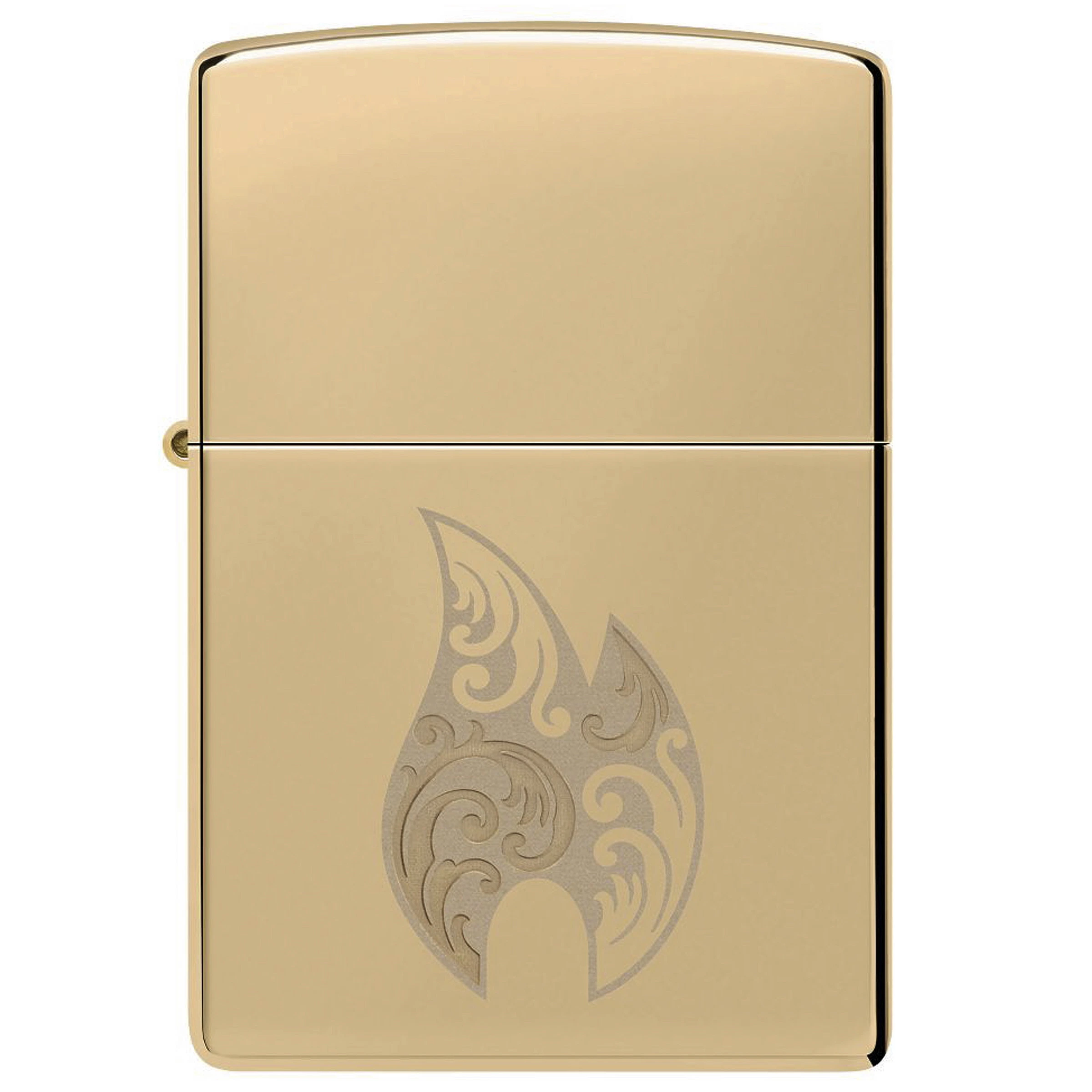 Encendedor Zippo 254B Flame Design cerrado, de acabado dorado brillante y con una llama ornamental grabada en el frontal.