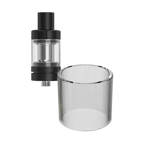 Tubo de recambio transparente Eleaf Melo 3 Mini en primer plano, junto a un depósito de vapeo con boquilla y extremos negros.