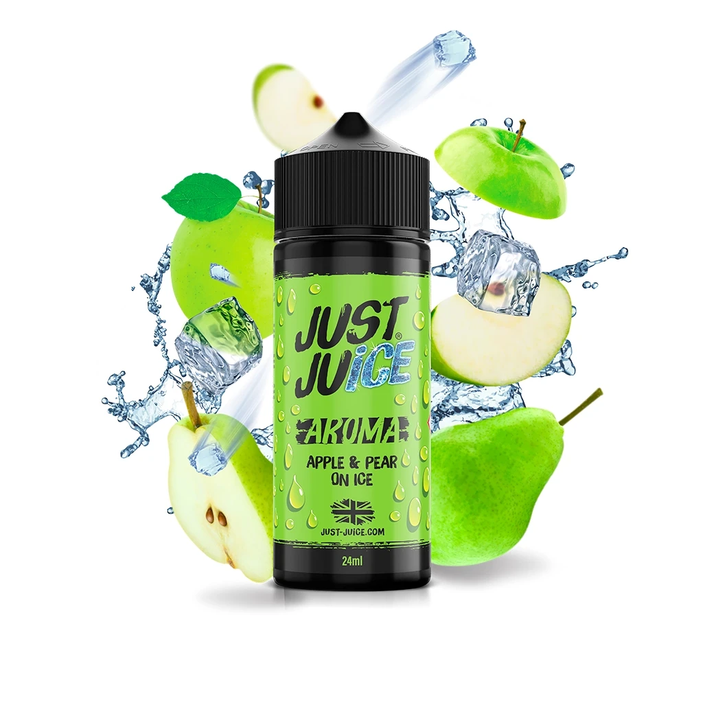 Botella Just Juice Apple & Pear On Ice de 24 ml con etiqueta verde, rodeada de manzanas, peras, cubitos de hielo y salpicaduras.