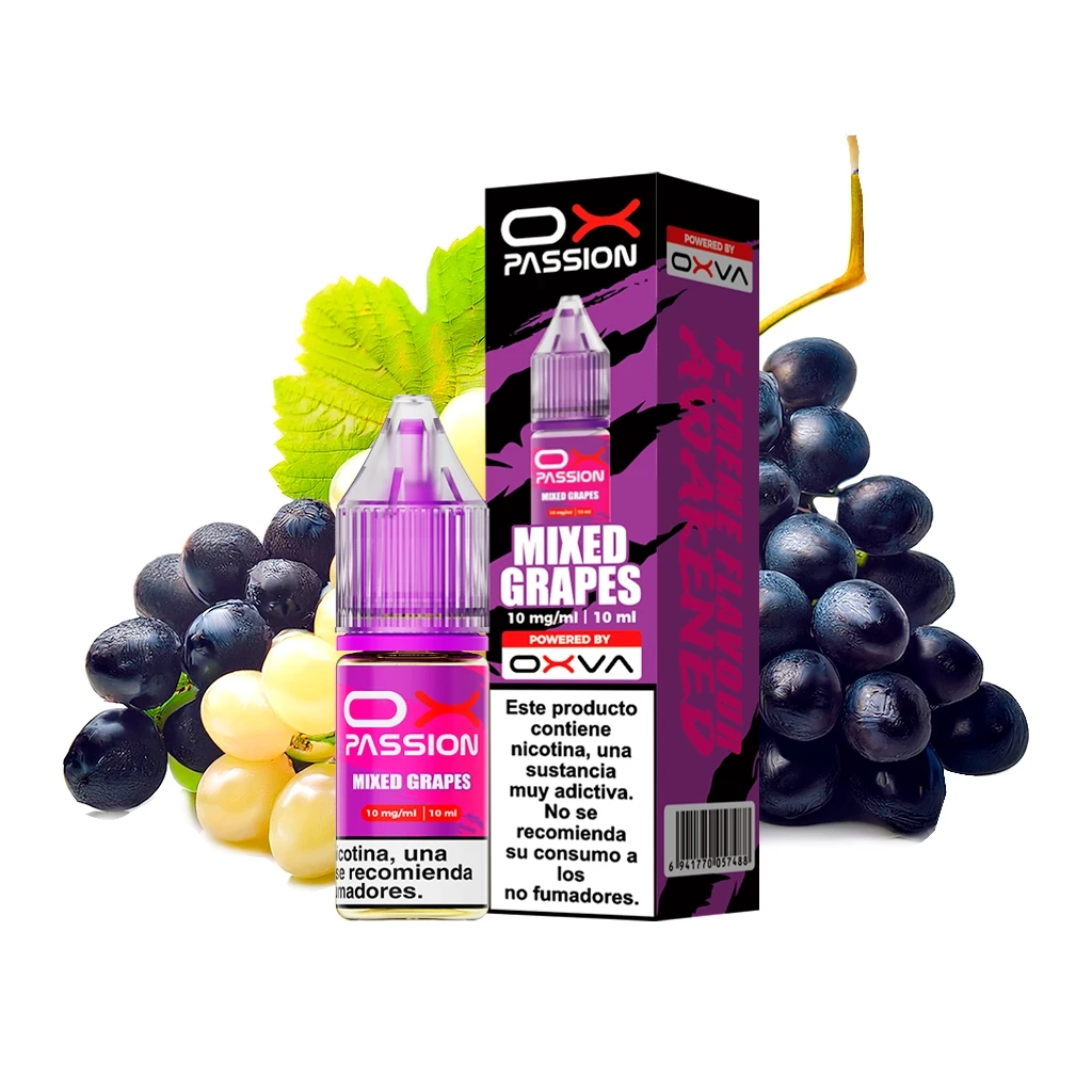 Frasco y caja de Oxva Ox Passion Mixed Grapes en tonos morados, con indicación de 10 mg/ml y 10 ml, rodeados de uvas claras y oscuras.