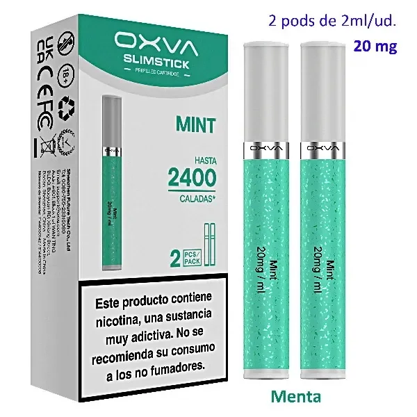 Pods OXVA SlimStick Mint con cuerpo verde y tapa gris junto a su caja, con indicaciones de 2 ml y 20 mg/ml.