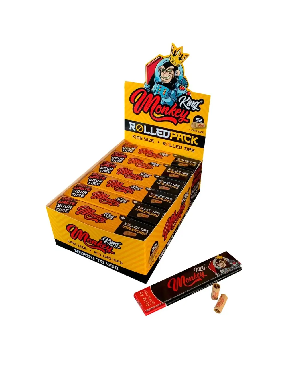 Expositor amarillo de papel Monkey King Rolled Pack King Size, con un estuche negro y rojo y filtros enrollados delante.