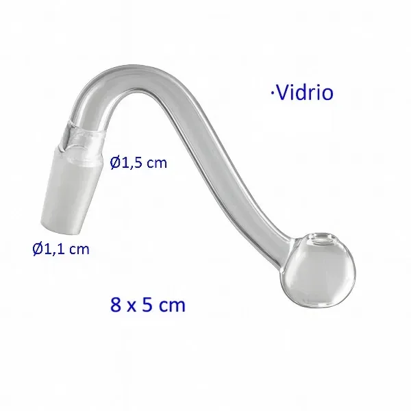 Pipa de vidrio transparente con tubo curvado, extremo esmerilado y cazoleta redondeada, sobre fondo blanco.