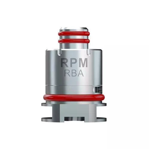 Base reparable RBA para Pod RPM40 Smok, de acabado plateado, con juntas rojas y las inscripciones RPM y RBA sobre fondo blanco.