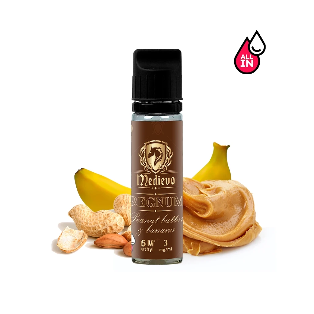 Frasco Medievo Regnum con tapón negro y etiqueta marrón, acompañado de plátanos, cacahuetes y una porción de crema de cacahuete.