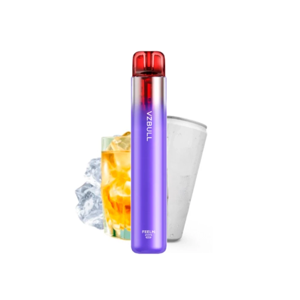 Vaper Vozol Vzbull en posición vertical, con cuerpo violeta y boquilla roja translúcida, ante un vaso con hielo y una lata blanca. Vaper Vozol Vzbull en posición vertical, con cuerpo violeta y boquilla roja translúcida, ante un vaso con hielo y una lata blanca.