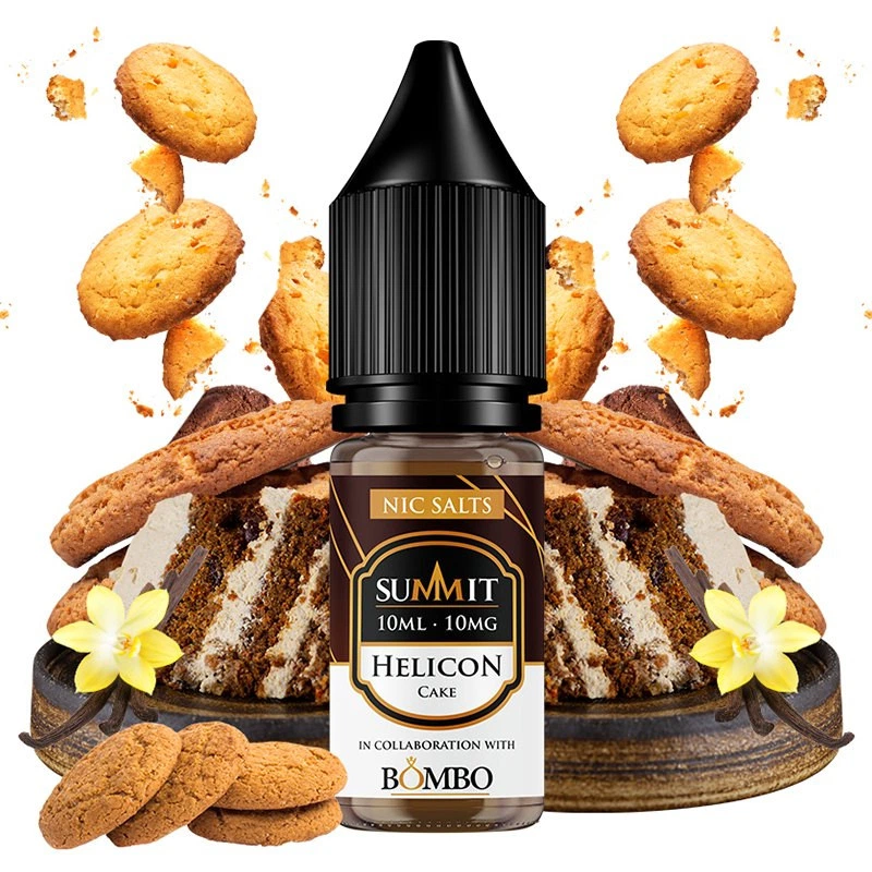 Frasco Helicon Nic Salts de Summit y Bombo, con etiqueta de 10 ml y 10 mg, rodeado de galletas, tarta y flores de vainilla.