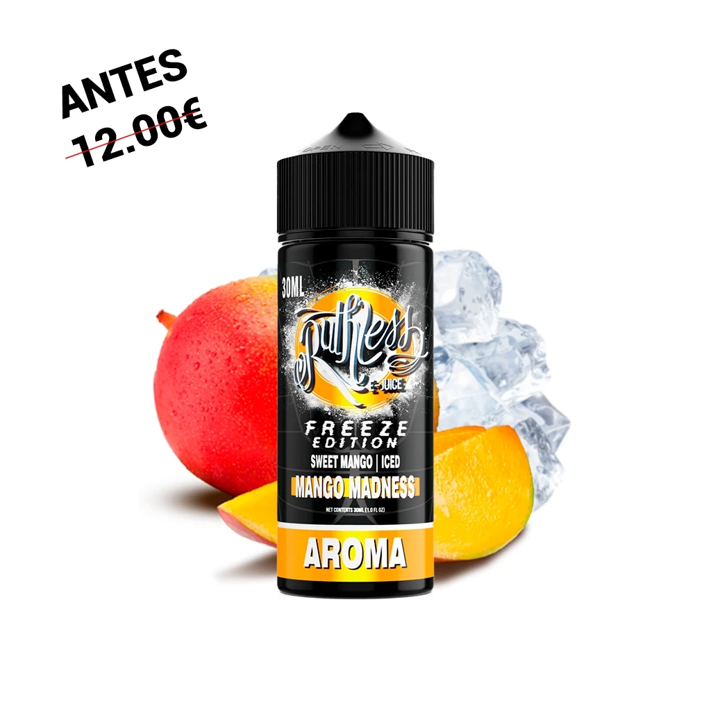 Bote negro de Ruthless Freeze Edition Mango Madness de 30 ml, con tapón estriado, acompañado de mango y cubitos de hielo.