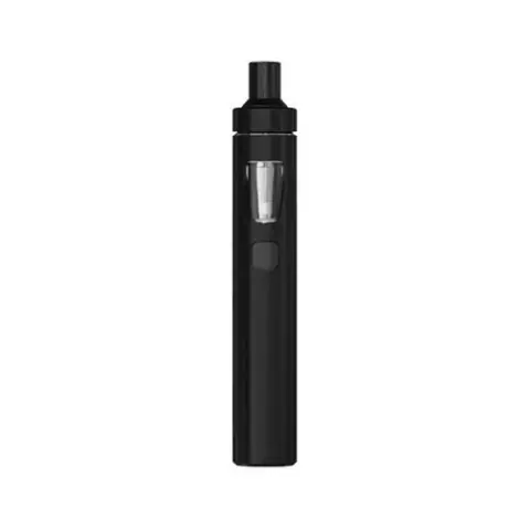 Joyetech eGo AIO negro en posición vertical, con boquilla superior, ventana transparente y botón frontal sobre fondo blanco.
