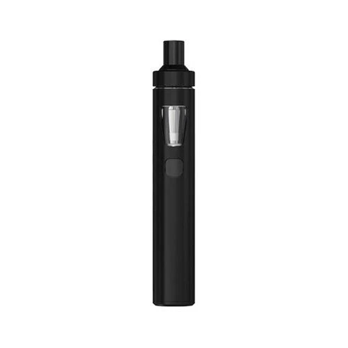 Joyetech eGo AIO negro en posición vertical, con boquilla superior, ventana transparente y botón frontal sobre fondo blanco.