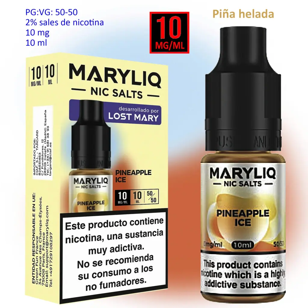 Frasco de MARYLIQ Pineapple Ice con tapón negro junto a su caja amarilla, con indicaciones de 10 mg/ml y 10 ml.