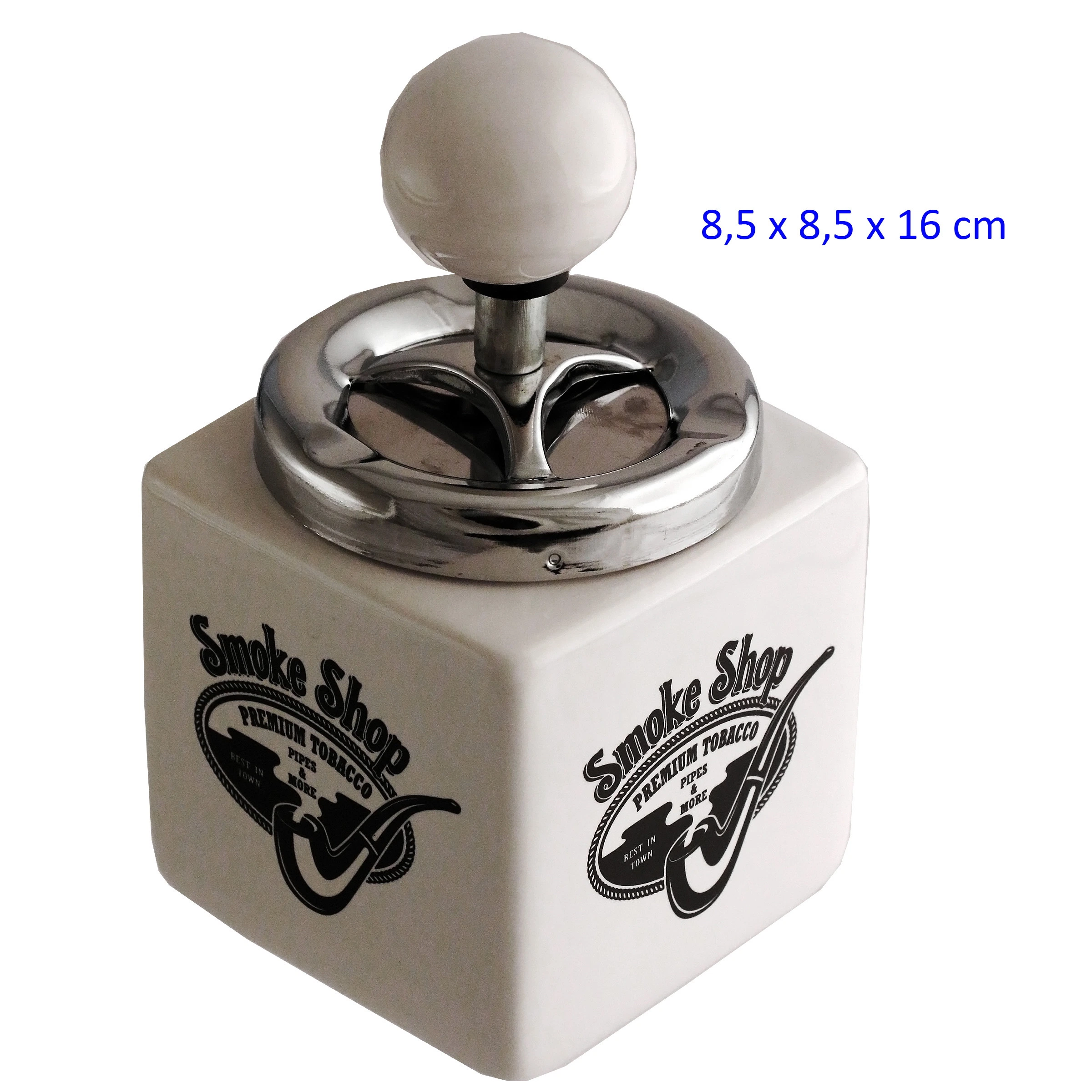 Cenicero de mesa Smoke Shop de base cuadrada blanca, decorado con pipas negras, con tapa metálica y pulsador blanco.