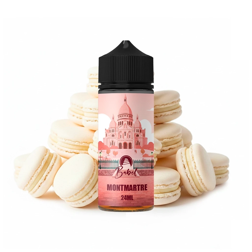 Frasco Babel Montmartre de 24 ml con tapón negro y etiqueta rosa ilustrada con una basílica, rodeado de macarons claros.