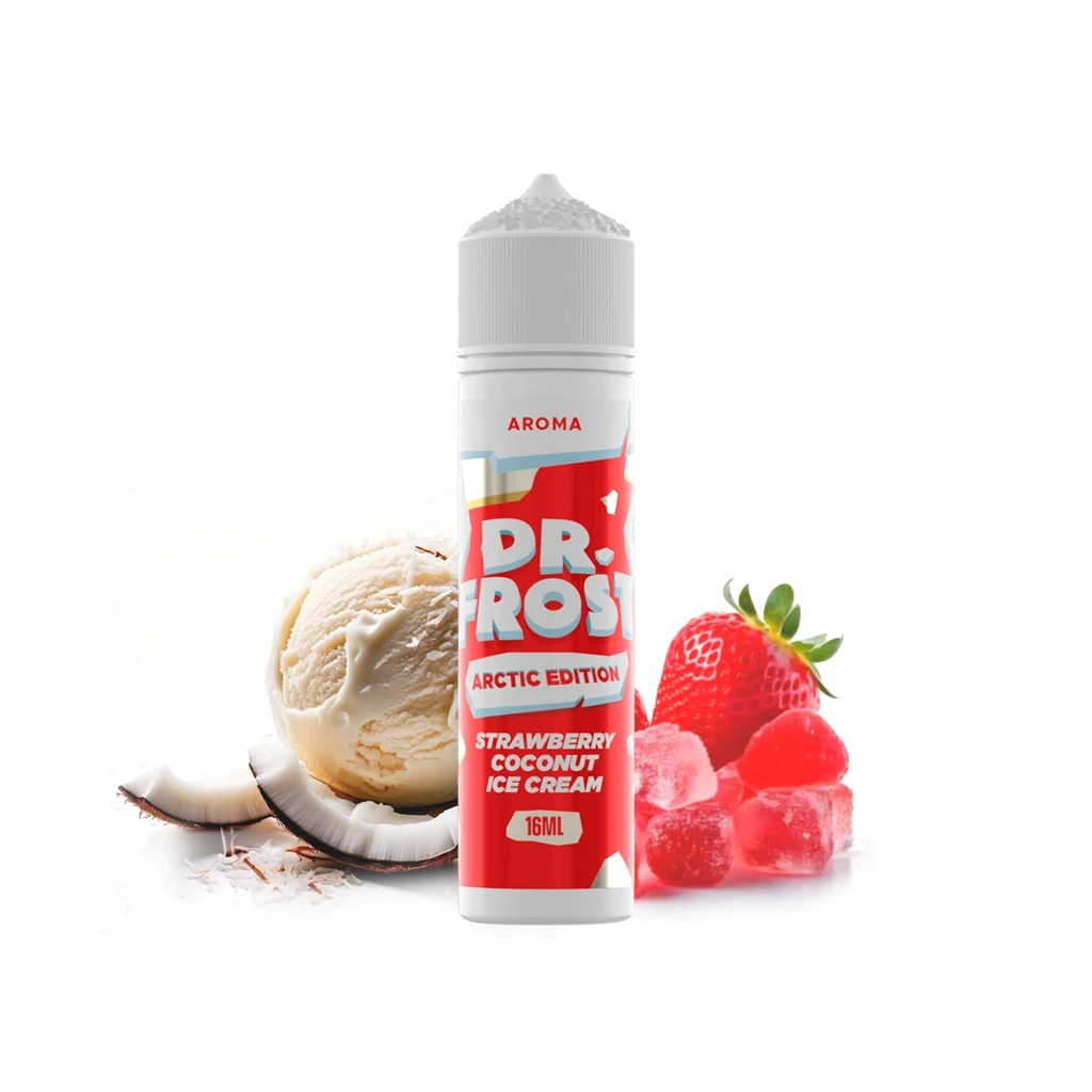 Bote Dr Frost Strawberry Coconut Ice Cream de 16 ml, con etiqueta roja y tapón blanco, junto a fresas, coco y una bola de helado.