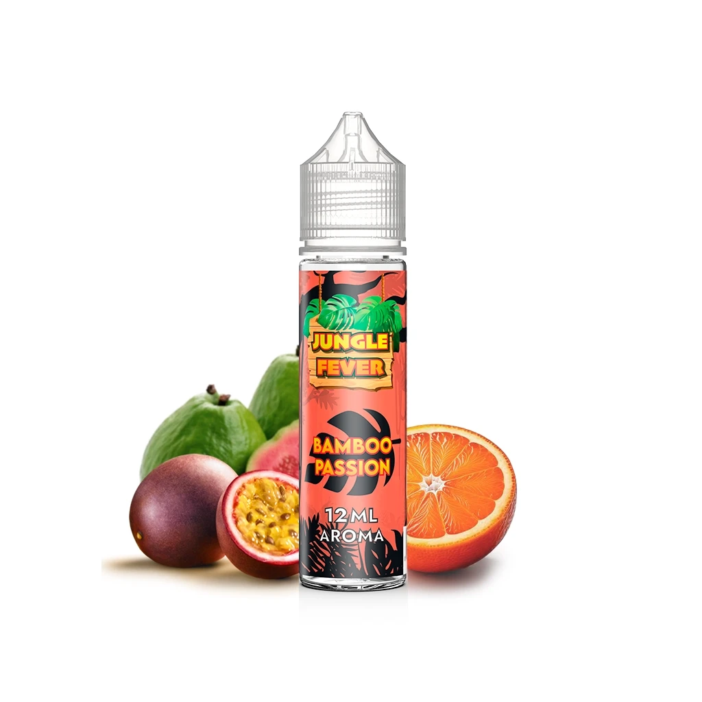 Bote Jungle Fever Bamboo Passion con etiqueta roja de 12 ml y tapón transparente, rodeado de maracuyá, naranja y frutas verdes.