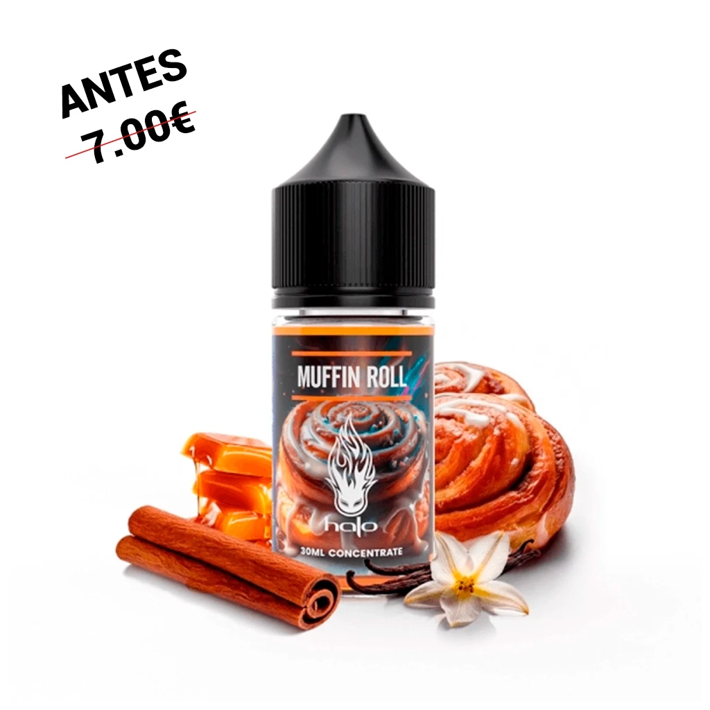 Frasco Halo Muffin Roll de 30 ml con tapón negro, rodeado de un bollo enrollado, canela en rama, caramelo y una flor blanca.