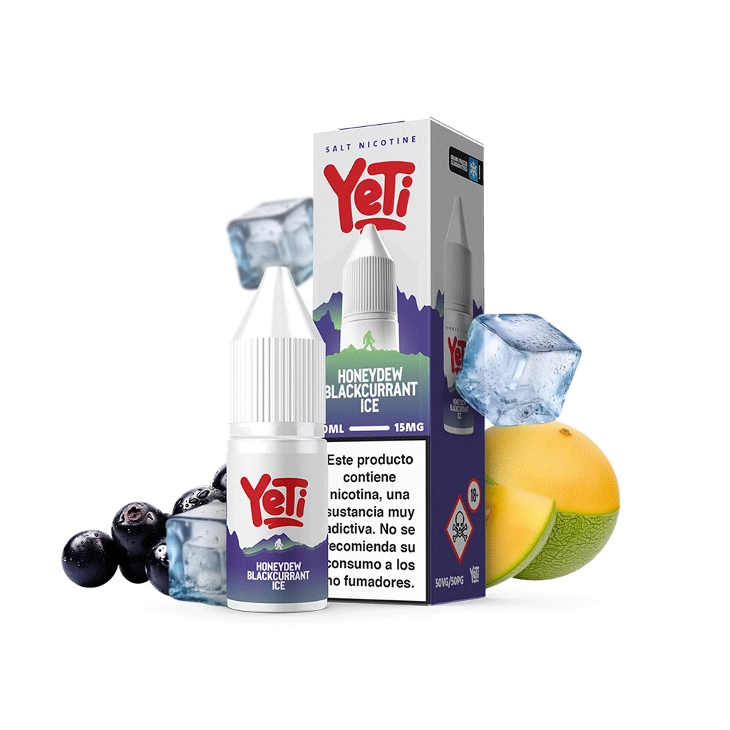 Frasco y caja Yeti Honeydew Blackcurrant Ice con etiqueta de 15 mg, rodeados de grosellas negras, melón y cubitos de hielo.