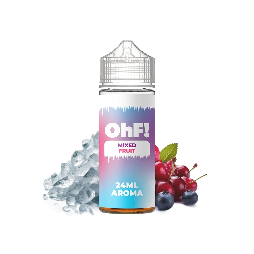 Frasco Longfill OhF Ice Mixed Fruit con etiqueta degradada y texto «24ML AROMA», acompañado de hielo, cerezas y arándanos.