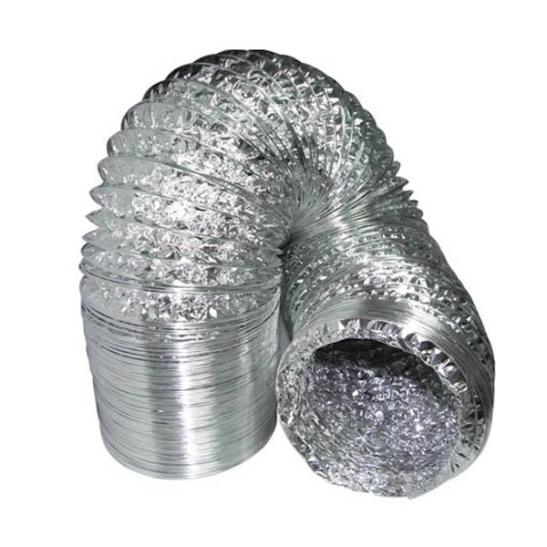 Tubo flexible de ventilación Aluconnec plateado, curvado sobre sí mismo, con superficie corrugada y una abertura circular visible.