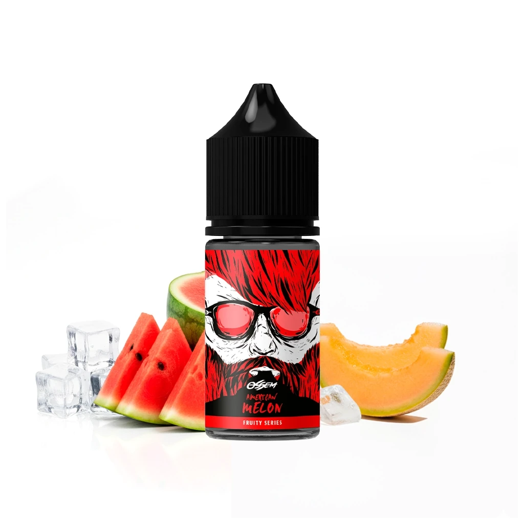 Frasco Ossem American Melon con tapón negro y etiqueta roja con rostro ilustrado, acompañado de sandía, melón y cubitos de hielo.